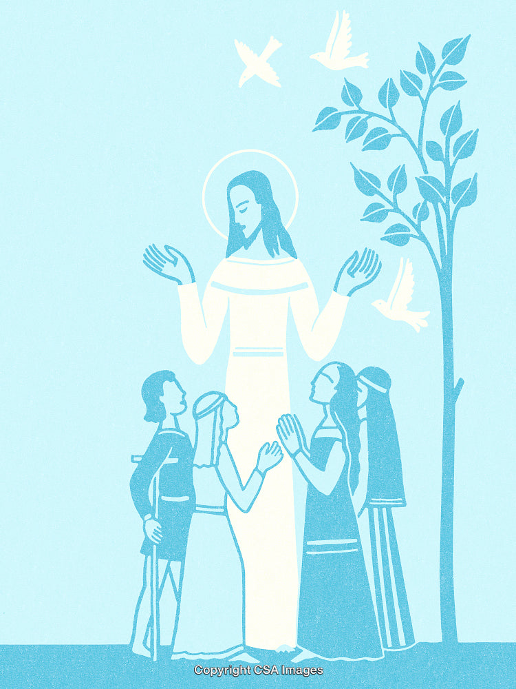 Illustration of a Sacred Figure Surrounded by Devotees and Doves