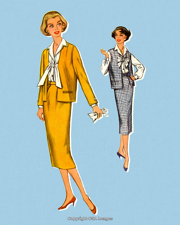 Vintage Fashion Illustration of Women in Yellow and Checkered Outfits