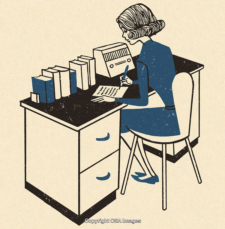 Vintage Illustration of a Woman Writing at an Office Desk