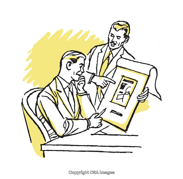 Vintage Illustration of Businessmen Analyzing a Design Proposal Presentation