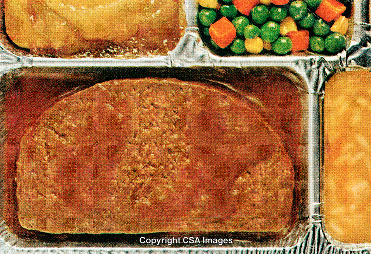 Vintage Styled Image of TV Dinner with Meat Loaf and Vegetables