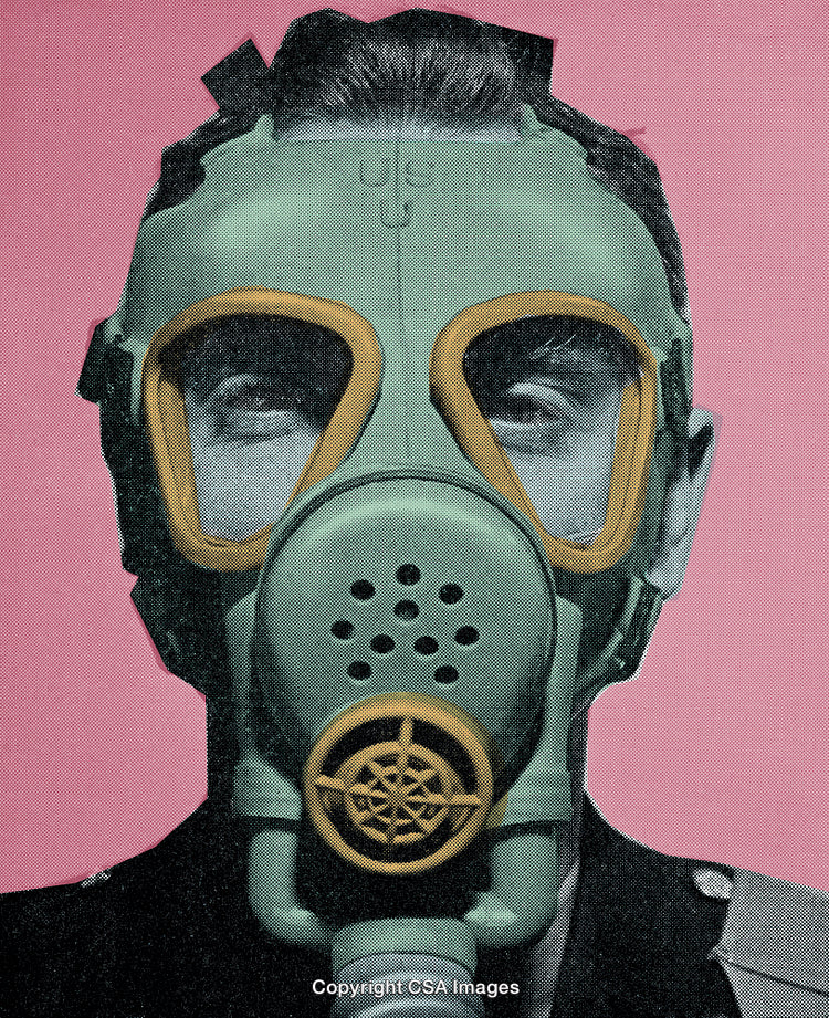 Retro Illustration of a Figure Wearing a Gas Mask on Pink Background