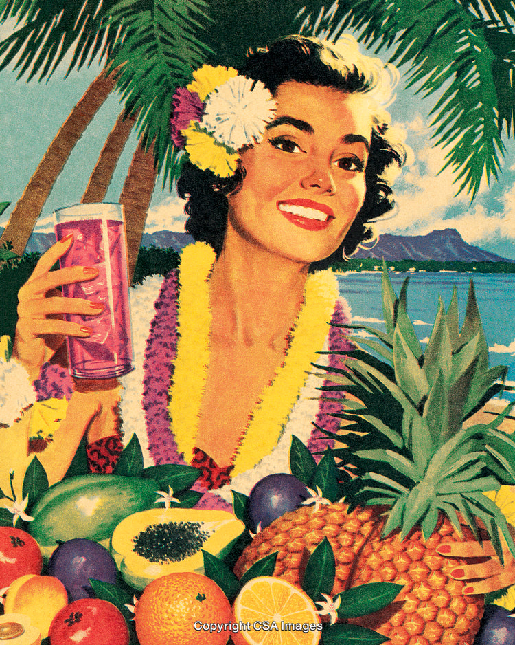 Smiling Woman with Tropical Fruits and Floral Lei at Beach