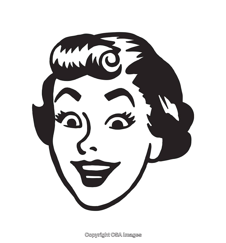 Retro Black and White Line Art Showing a Happy Woman's Face