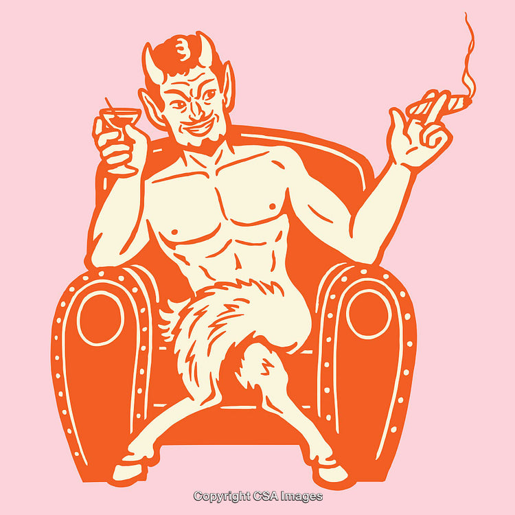 Colorful Retro Illustration of a Devil Relaxing with Drink and Smoke
