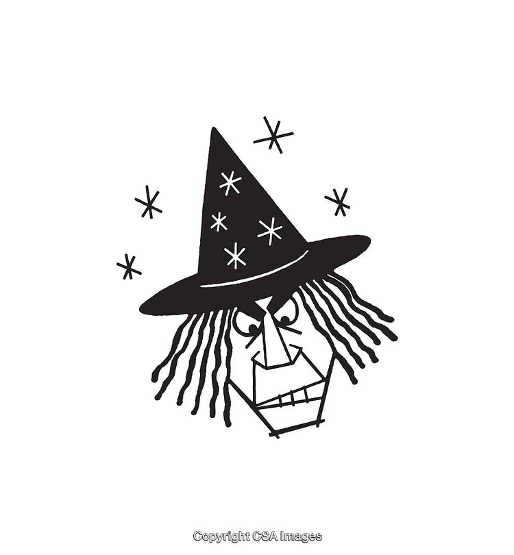 Black and White Witch Illustration with Star Accents and Hat