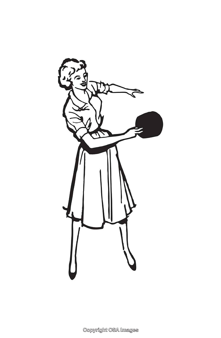 Vintage Woman Line Art Illustration Holding a Hat in Black and White