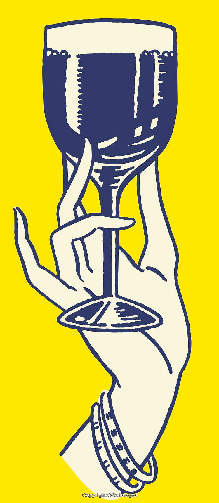 Stylized Line Art of a Hand Holding a Wine Glass on Yellow Background