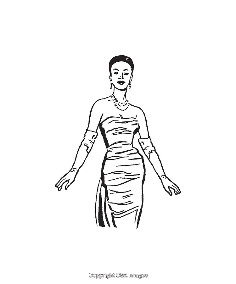 Elegant Fashion Illustration of a Woman in Vintage Evening Attire