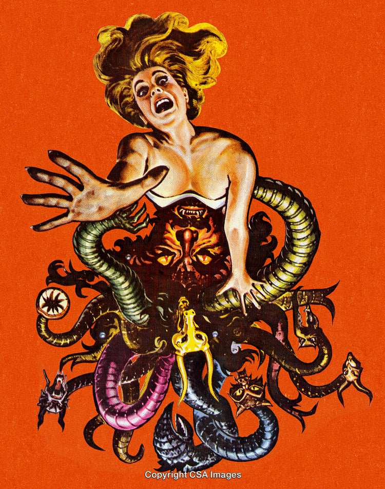 Frightened Woman Besieged by Sinister Animated Tentacles and Creatures on Vibrant Orange Background