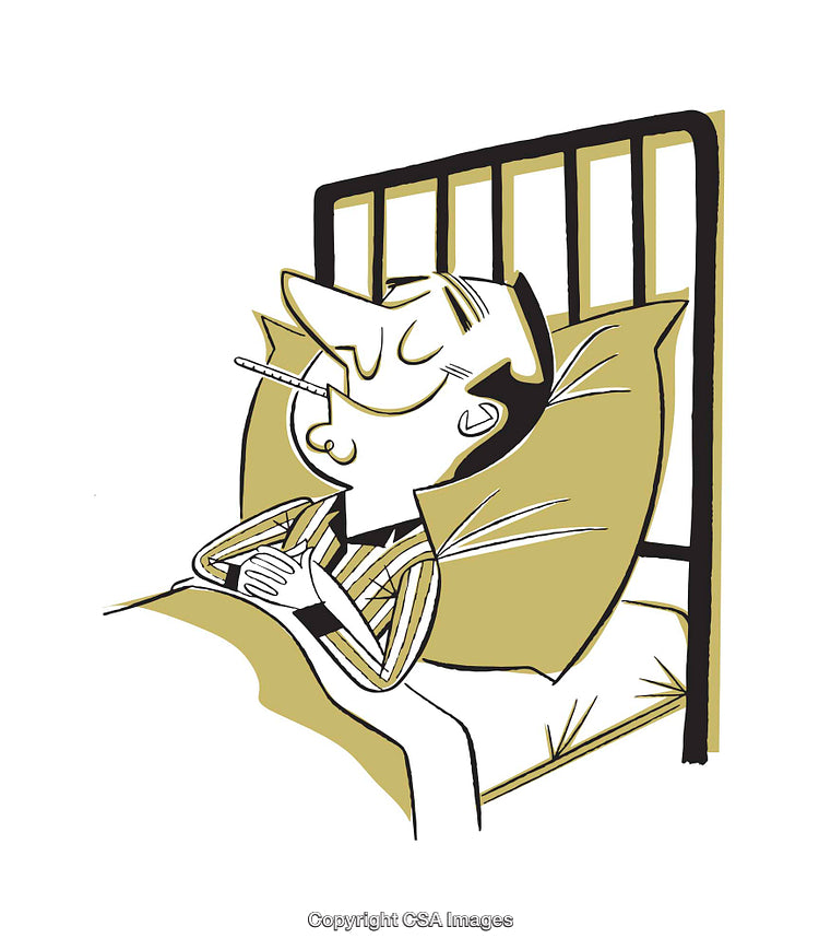 Illustration of a Sick Man Relaxing in Bed With a Thermometer