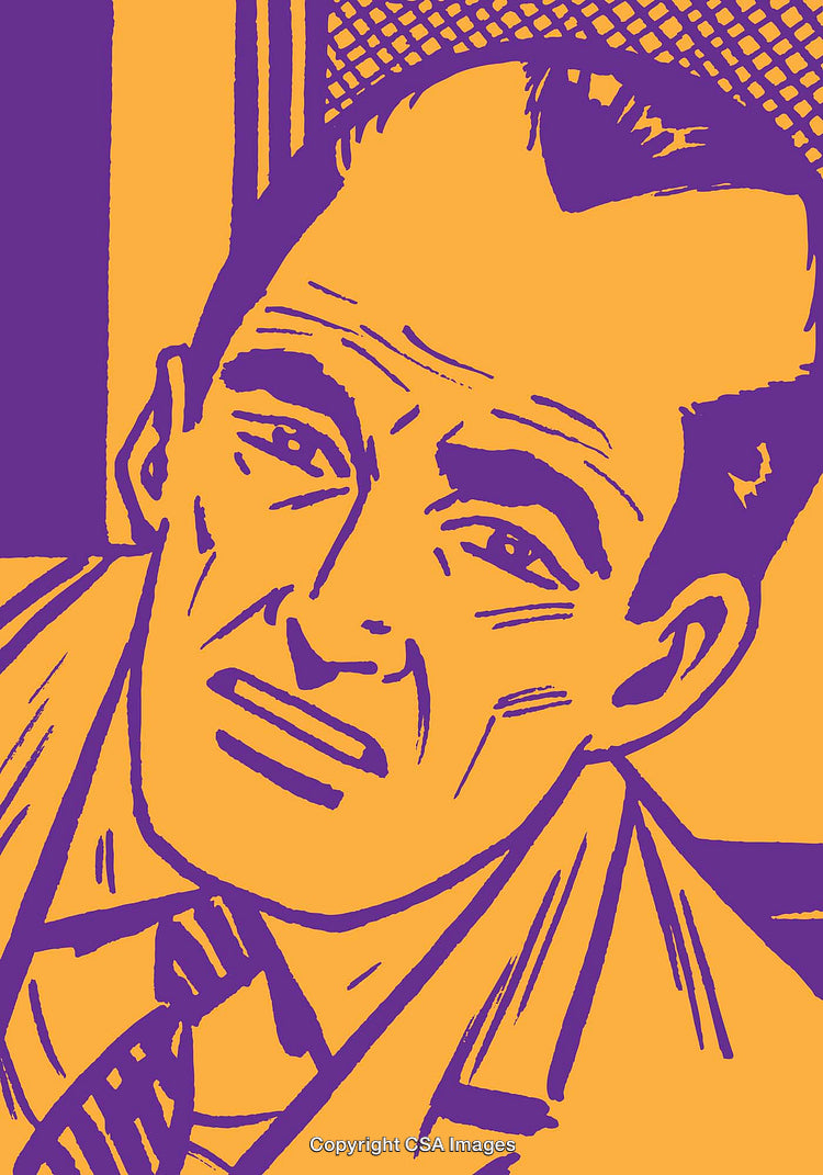 Pop Art Illustration of Confused Man in Bold Purple and Orange Colors