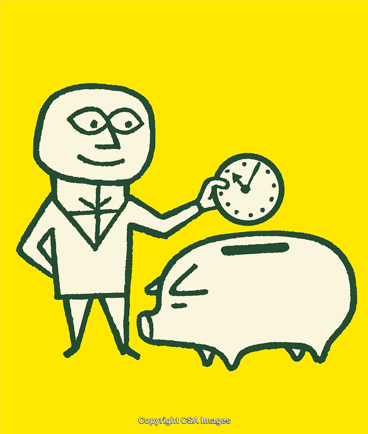 Whimsical Illustration of Saving Time Depicted Through Piggy Bank and Clock