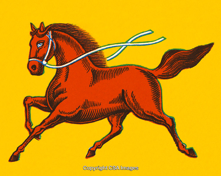 Illustration of a Vibrant Red Horse Against a Bright Yellow Background