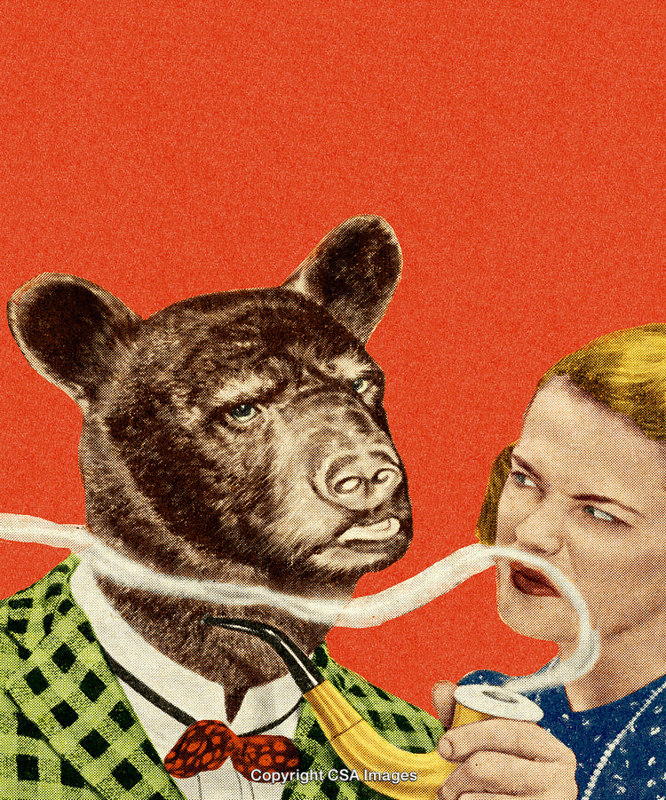 Surreal Collage With Bear In Suit And Woman Interacting On Red Background