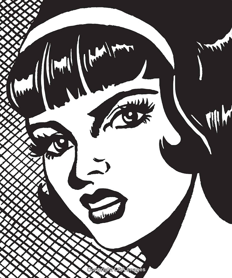 Close-Up Black-and-White Illustration of a Woman in Graphic Pop Art Style