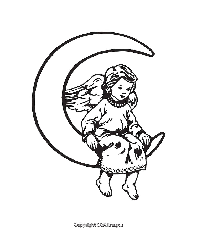 Vintage Angel Line Art Sitting on a Crescent Moon Illustration