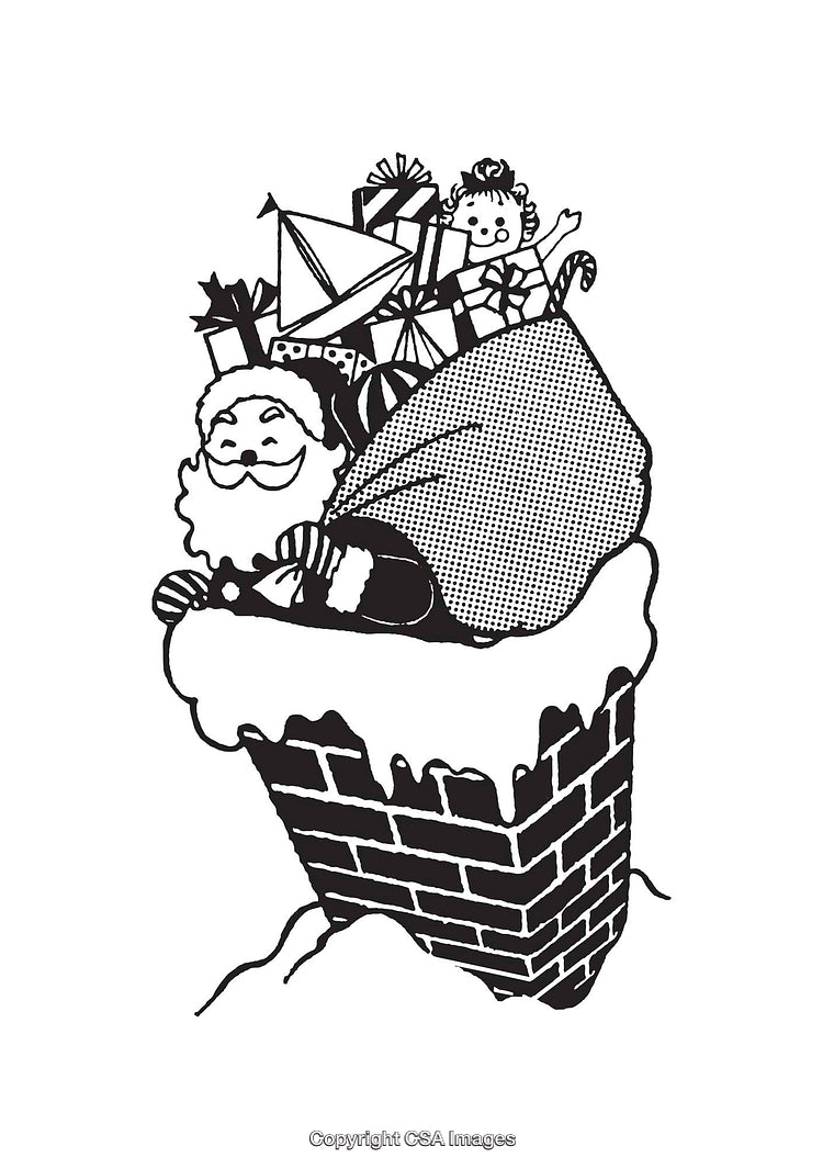Santa Claus Delivering Gifts Through a Chimney Line Art Illustration