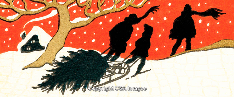 Silhouetted People Pulling a Christmas Tree on a Sled in Snowy Scenery
