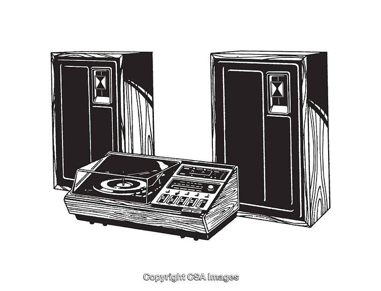 Vintage Stereo System with Speakers in Black and White Line Art