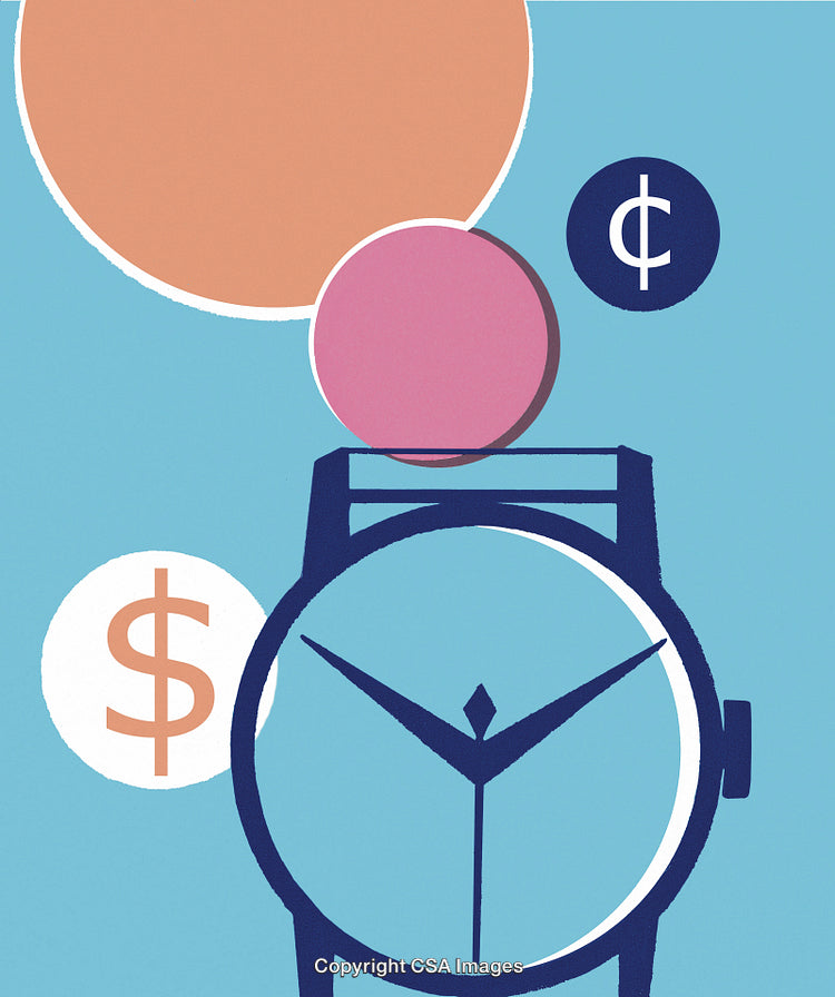 Abstract Art Depicting Clock and Currency Symbols on Colorful Background