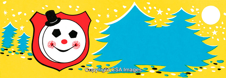 Festive Holiday Scene with Cartoon Snowman and Blue Christmas Trees