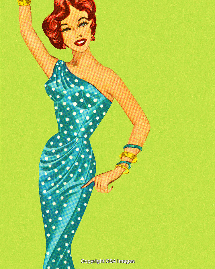 Vintage Illustration of Woman in Blue Polka Dot Dress, Green Background