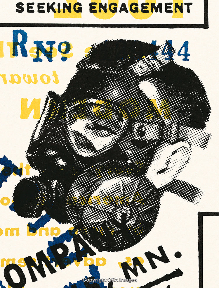 Surreal Artistic Interpretation Featuring Gas Mask and Overlayed Text Elements