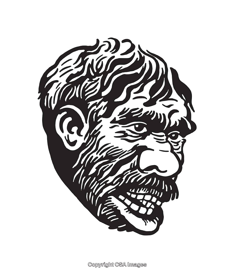 Vintage Black and White Illustration of a Character Face in Line Art