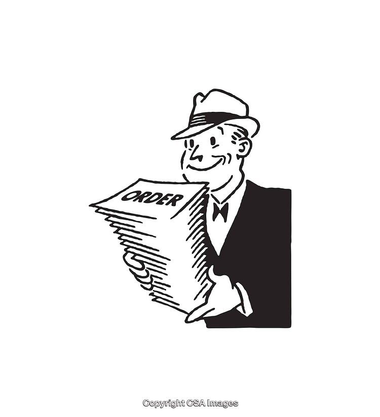 Vintage Illustration of a Smiling Businessman Holding an Order Stack