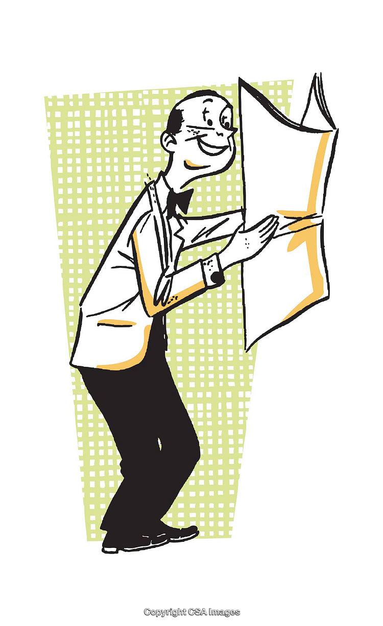 Retro Styled Illustration of a Cheerful Man Reading a Newspaper