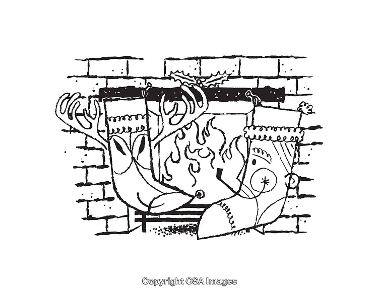 Black and White Line Art of Stockings Hanging Over Fireplace