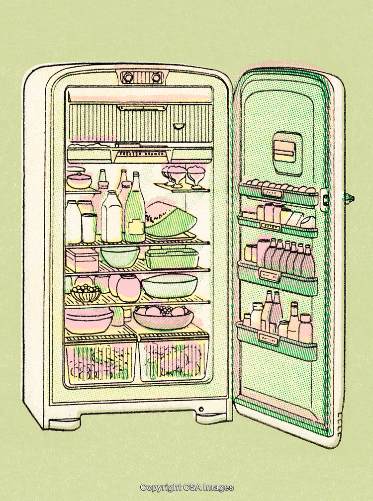 Illustrated Open Fridge Filled With Groceries and Colorful Items