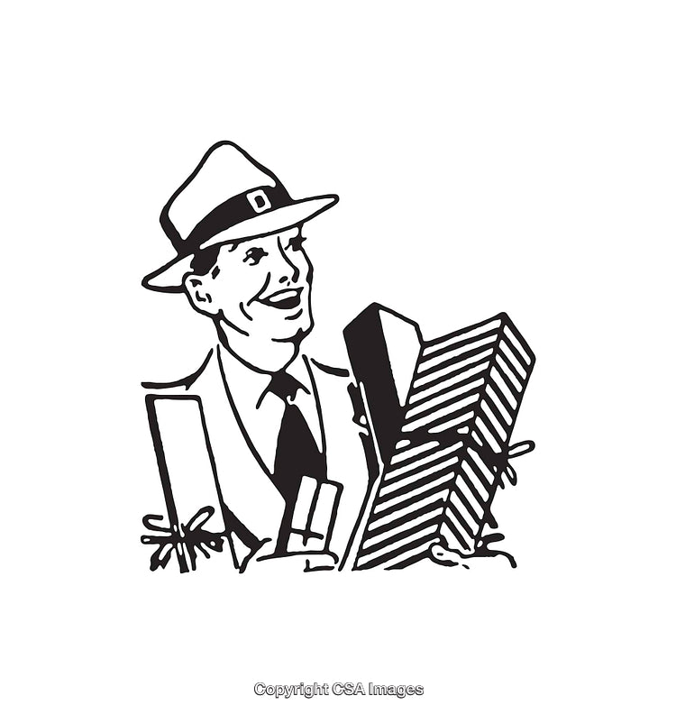 Retro Illustration of a Smiling Man Holding Gifts in Black and White