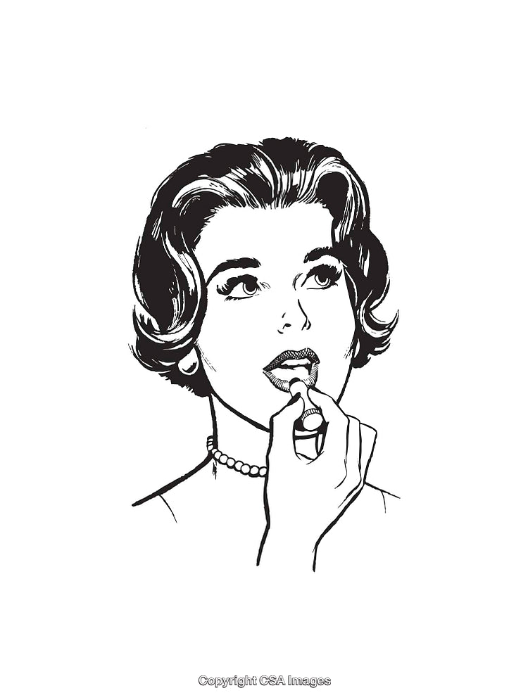 Elegant Woman Applying Lipstick in Retro Black-and-White Line Art Style