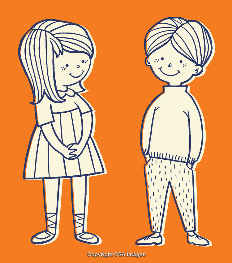 Color Line Art Illustration of Two Smiling Cartoon Children on an Orange Background