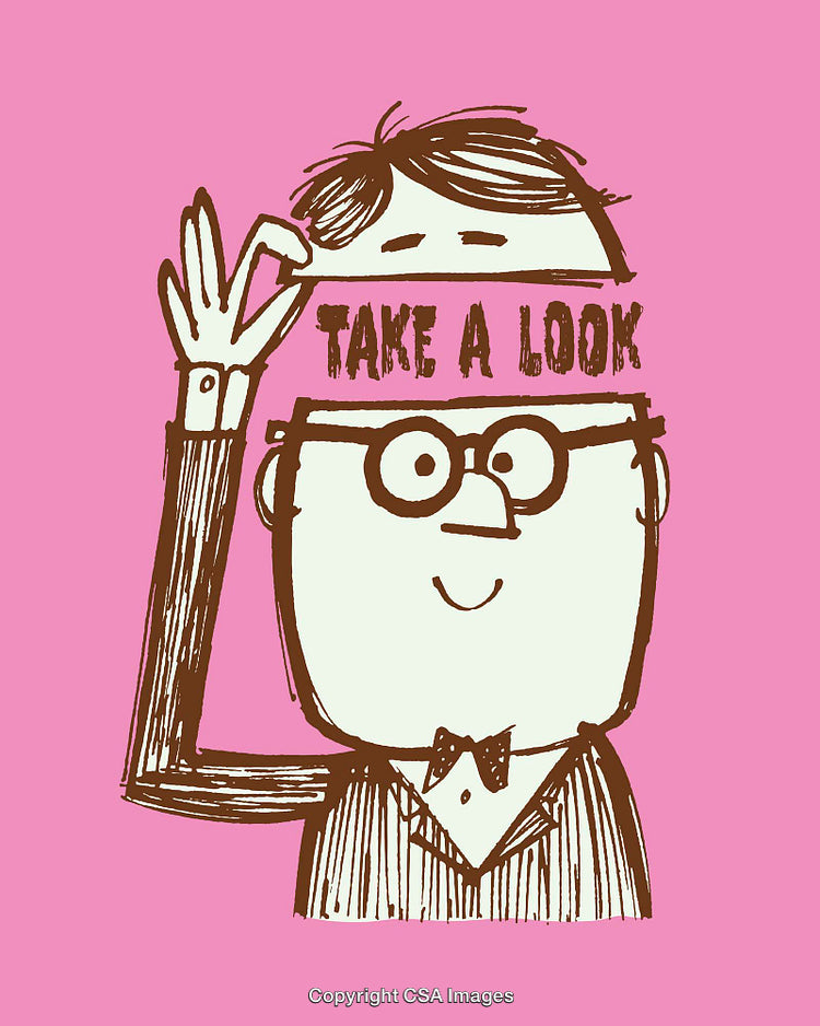 Vintage Illustration of Man Checking Vision With Retro Glasses