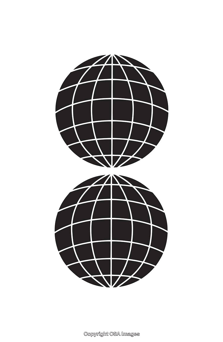 Black and White Geometric Icon Featuring Two Intersecting Globe Shapes