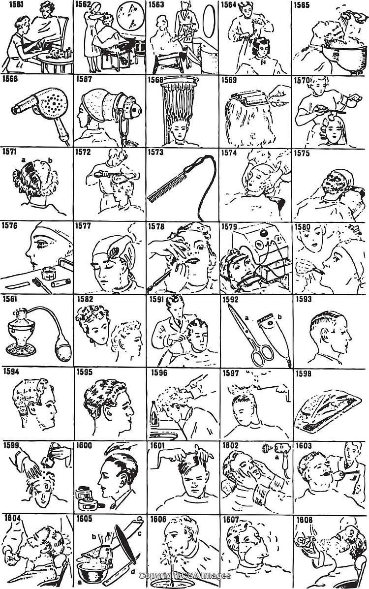 Vintage Black and White Patterns Illustrating Beauty and Haircare Techniques