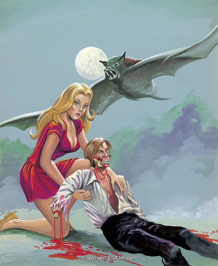 Dramatic Vampire Scene Under Full Moon With Bat and Blood