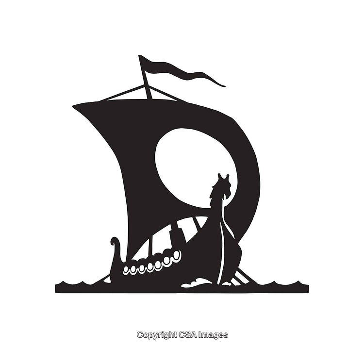Black and White Simplistic Viking Ship Line Art Illustration