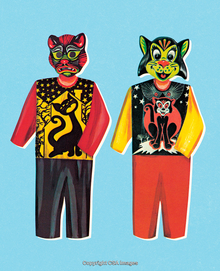 Vintage Halloween Costumes Featuring Colorful Cat-Themed Designs and Bright Graphics