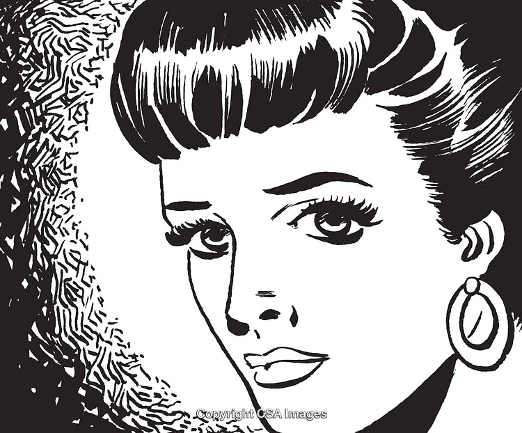 Monochrome Portrait of a Woman in Retro Illustration Style With Earrings