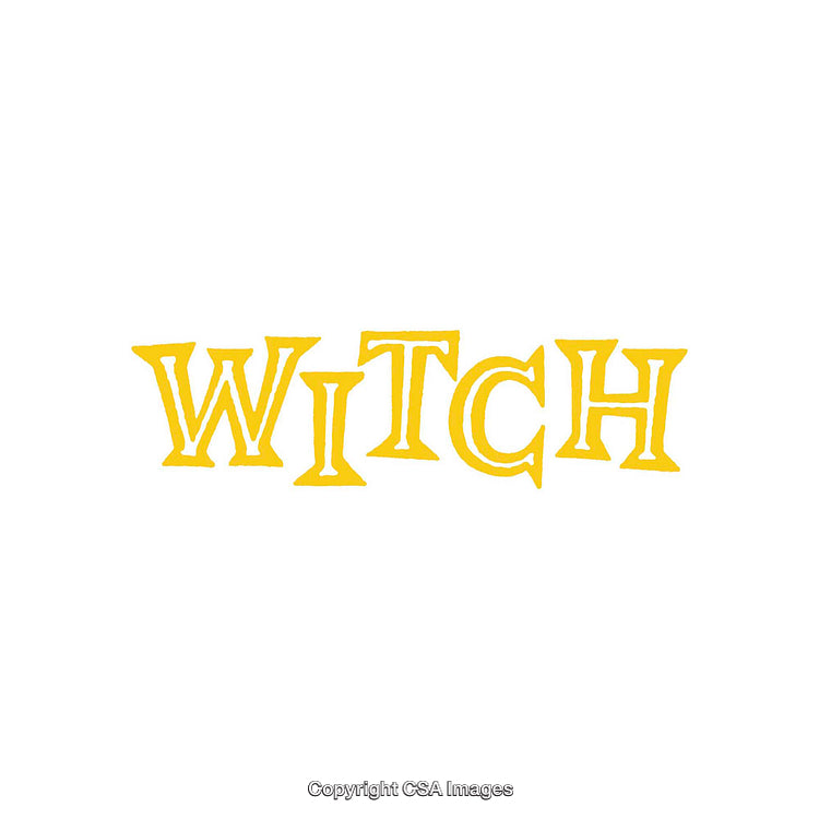 Yellow Decorative Font Depicting the Word Witch on White Background