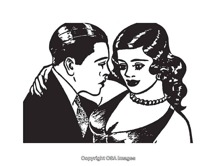 Vintage Black-and-White Romantic Illustration of Couple in Embrace
