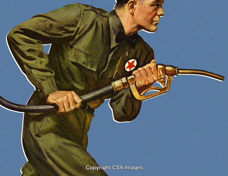 Vintage Gas Station Attendant in Uniform Holding Fuel Pump on Blue Background