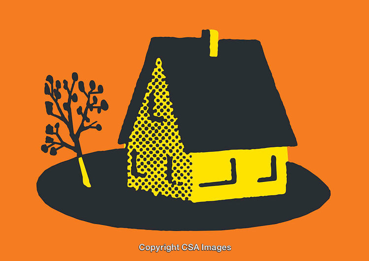 Bright Minimalist House Illustration on Orange Background with Tree Accent