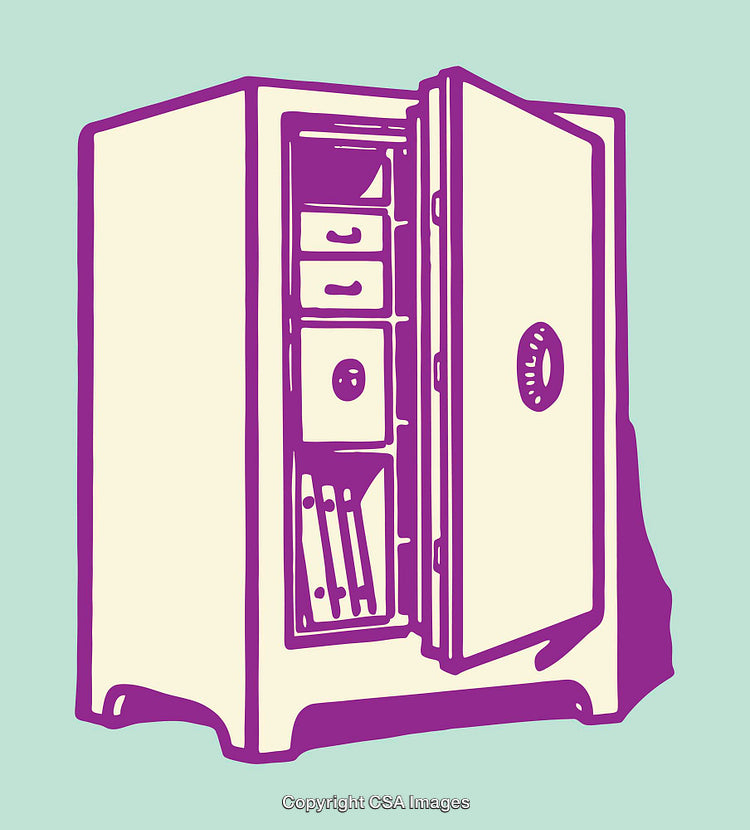 Colorful Line Art Illustration of an Open Safe with Contents Visible