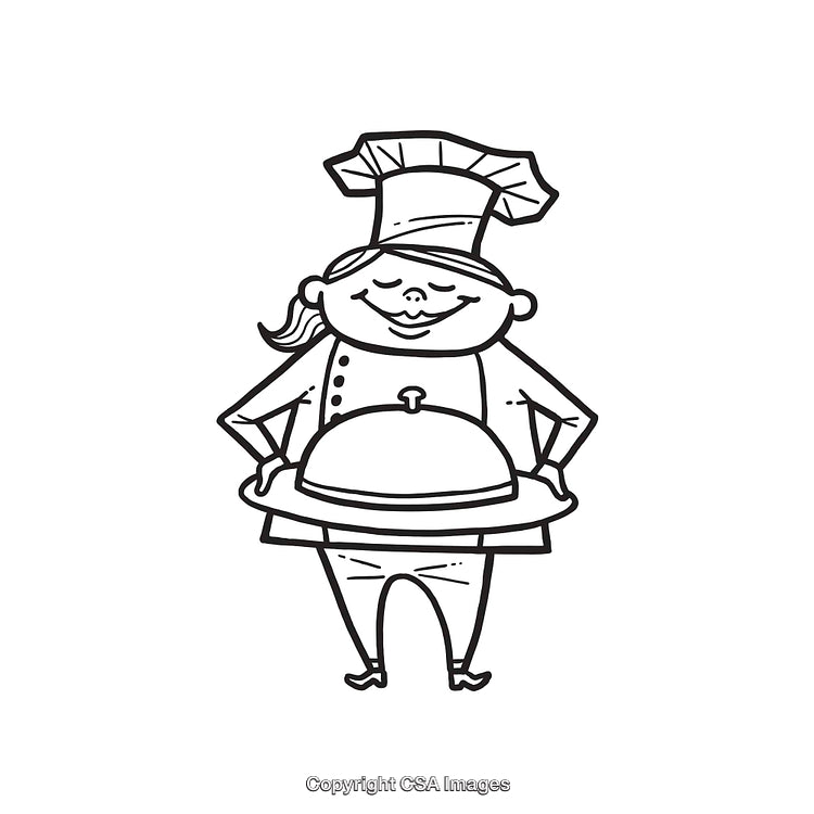 Chef Character Line Art Illustration Holding a Cloche Serving Tray