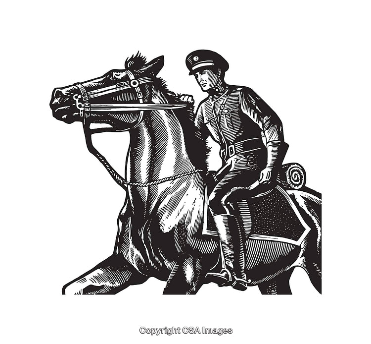 Black and White Illustration of Historical Figure on Horseback